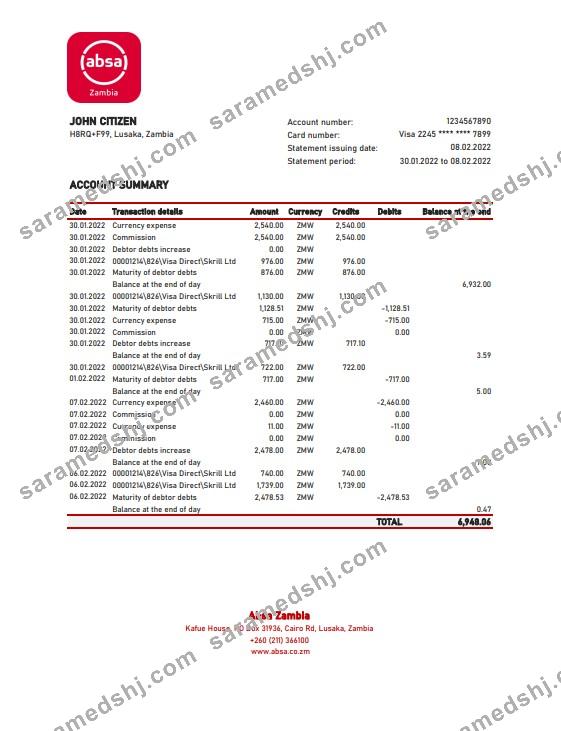 Zambia Absa bank statement, Excel and PDF template